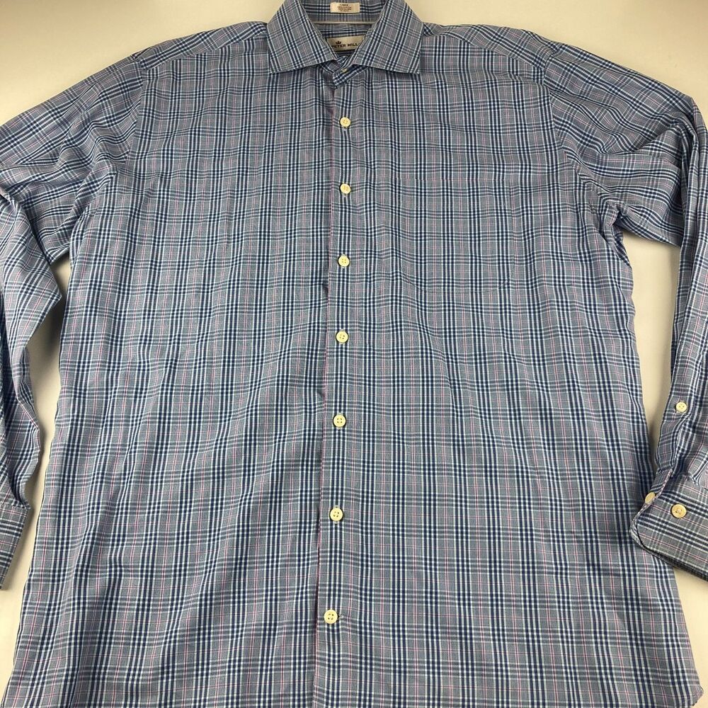 Peter Millar Mens Large Shirt Blue Pink Plaid 100% Cotton Long Sleeve